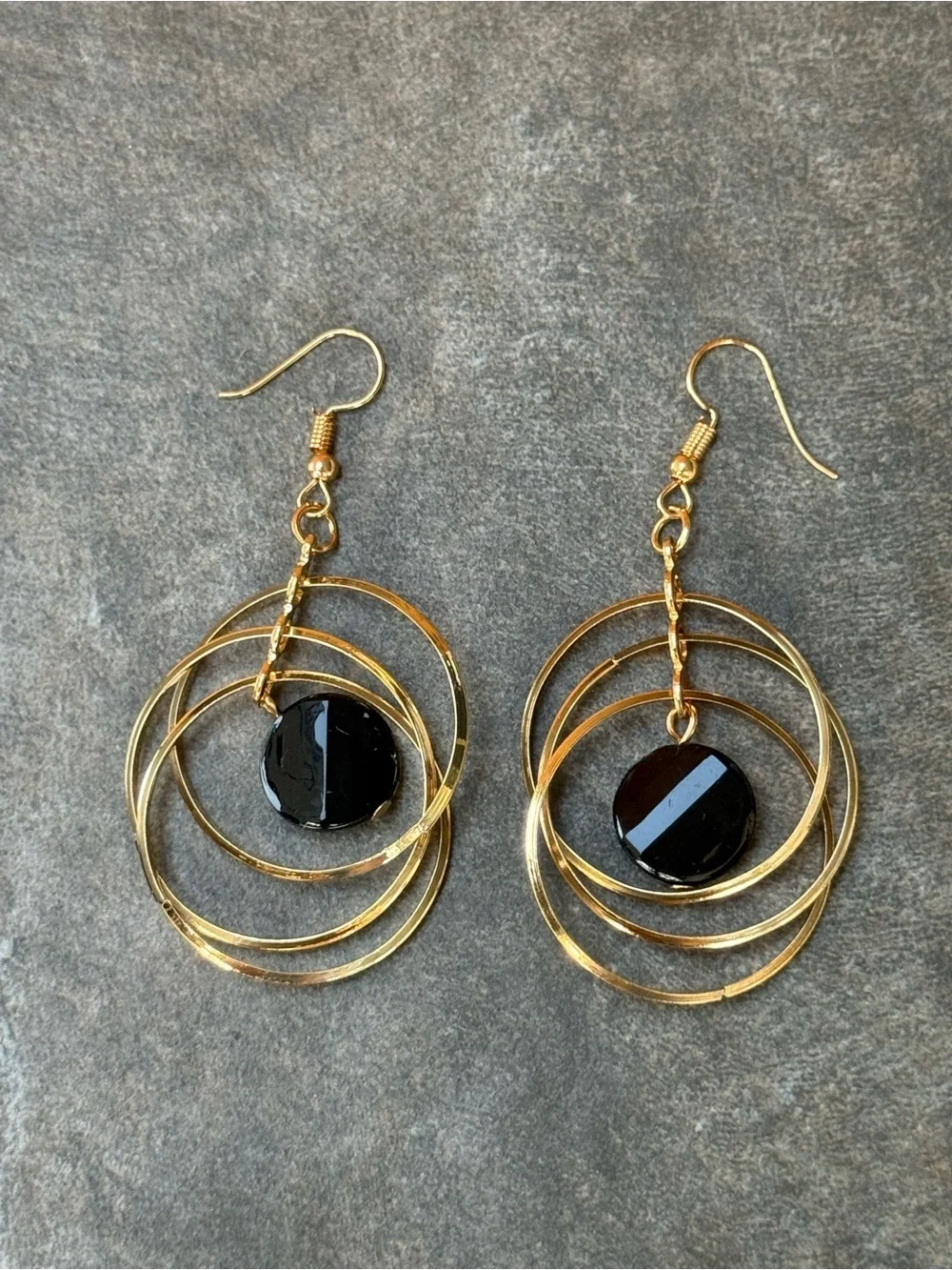 Gold and Silver Hoop Dangle Earrings with Black Stone